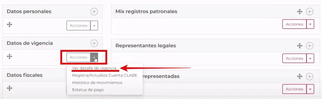 Panel de control y acceso a ver detalla de vigencia para alta familiar IMSS por internet
