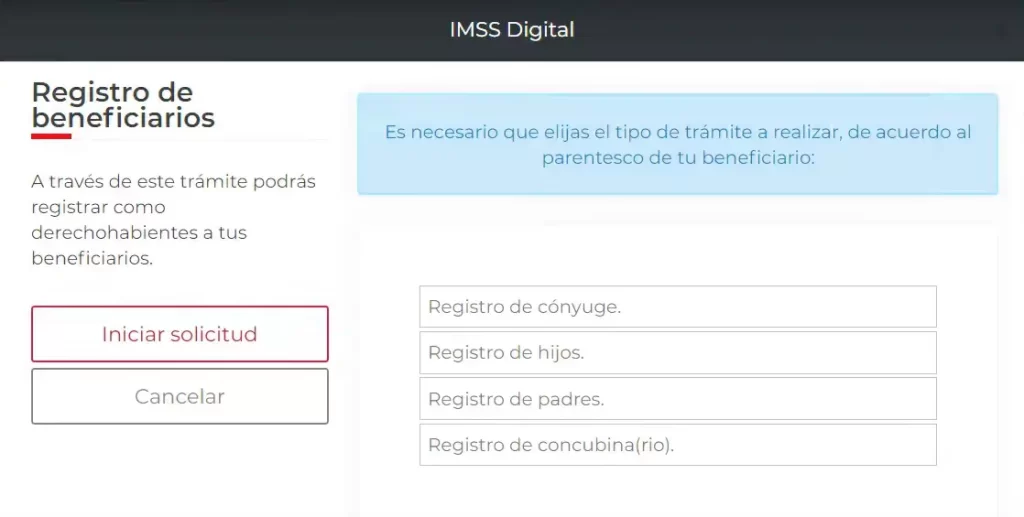 Seleccionar que familiar para dar de alta a mi familiar en el IMSS Digital
