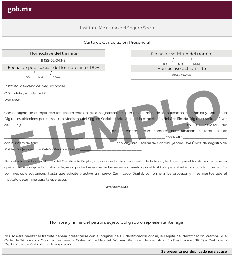 Ejemplo carta de cancelación presencial para el IMSS FF-IMSS-008