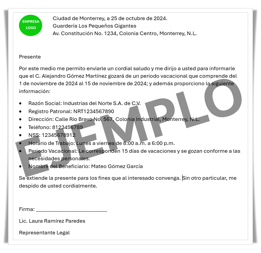 Ejemplo de carta de aviso de vacaciones para guardería del IMSS