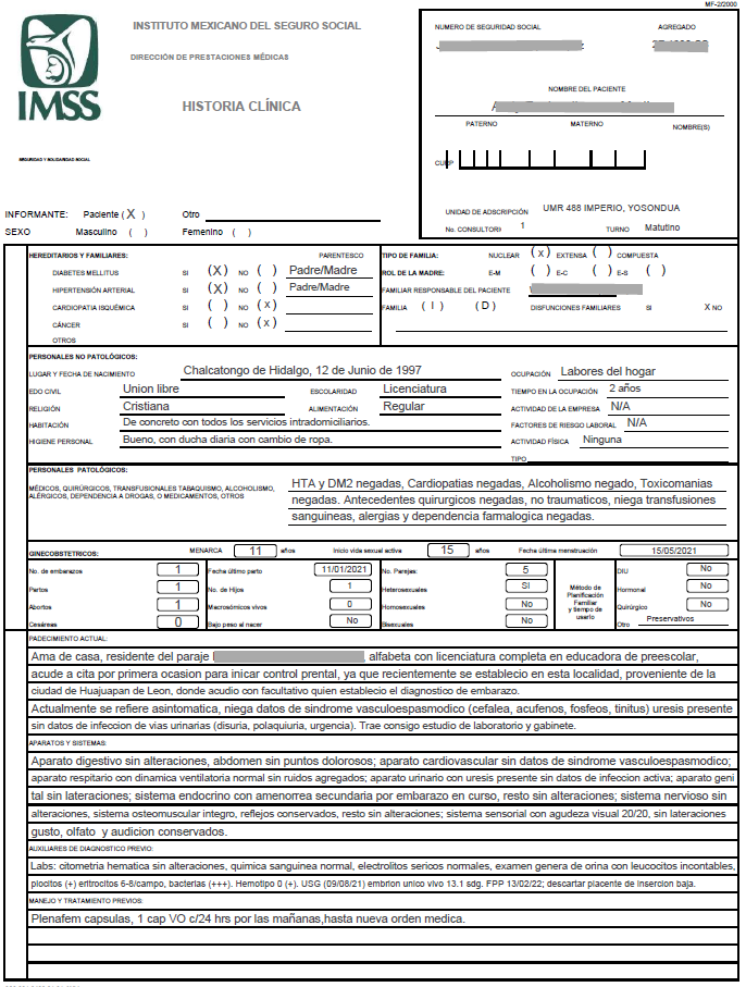 Formato de historia clínica general del IMSS llena