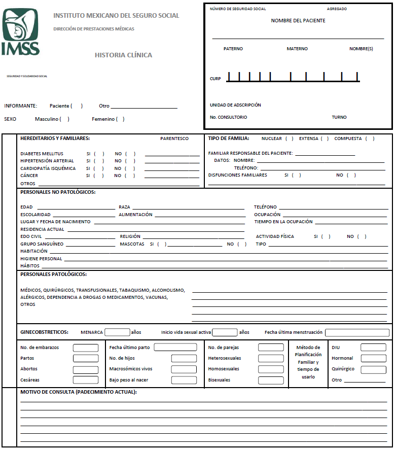 Formato de historia clínica del IMSS