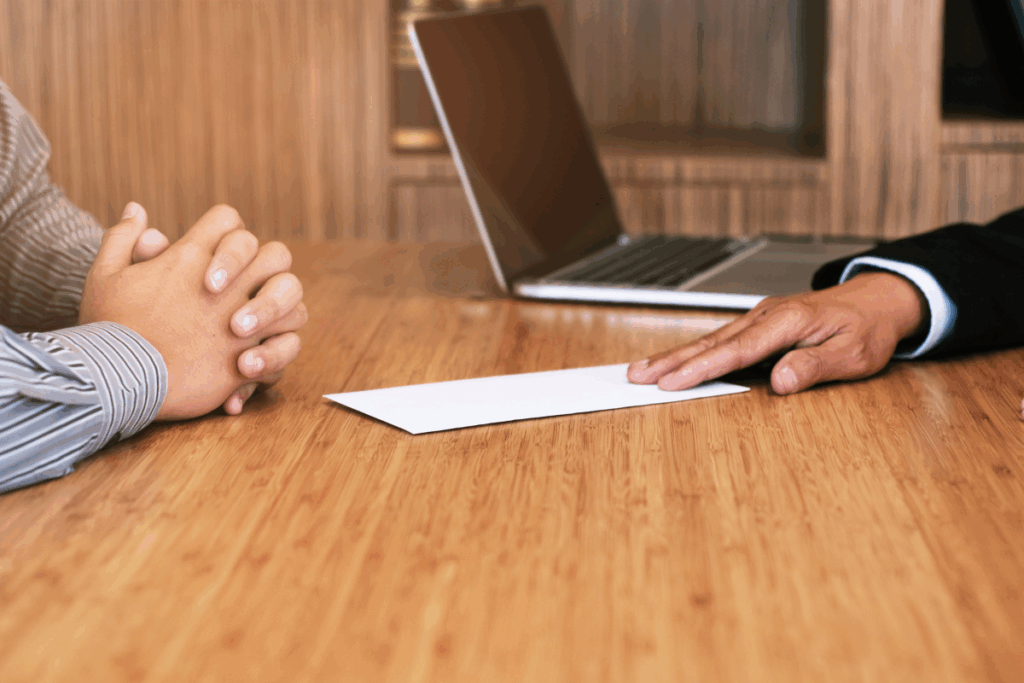 persona entregando una carta finiquito laboral a otra en una empresa