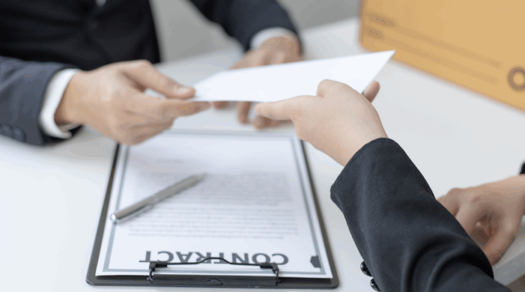 un jefe entregando la carta finiquito laboral a un ex empleado por motivos laborales